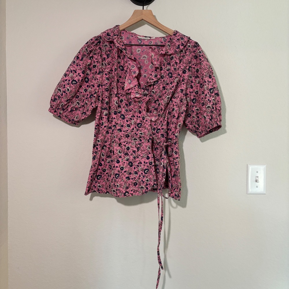 Roller Rabbit Wrap Top XL Cotton Floral Pink Ruffle Puff Sleeve Cottagecore Boho